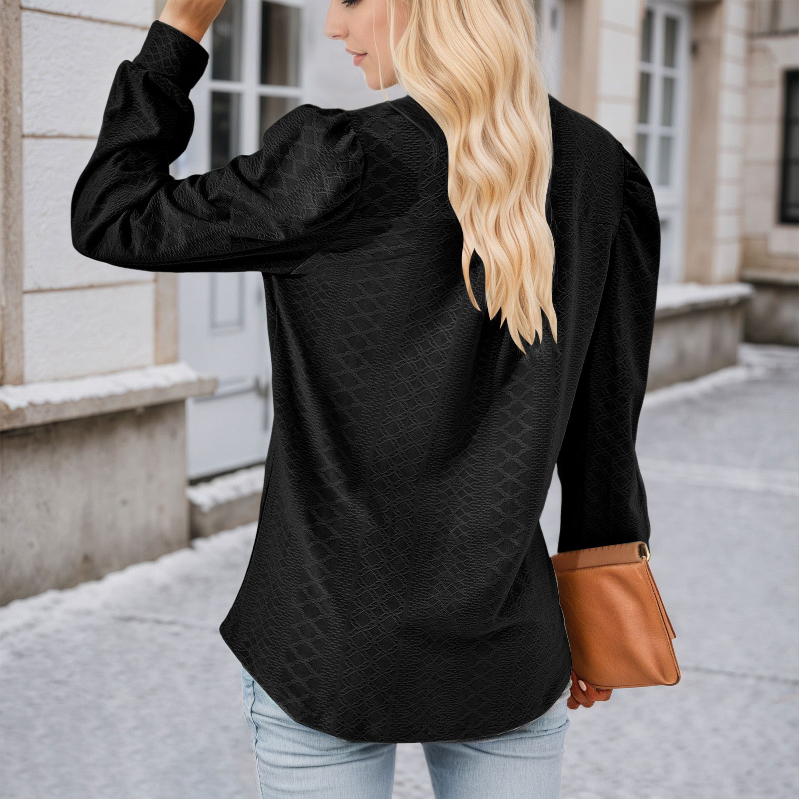 thumbnail image 5 of Top de manga larga con cuello en V y tejido jacquard para mujer - Camiseta holgada de color liso, 5 of 6